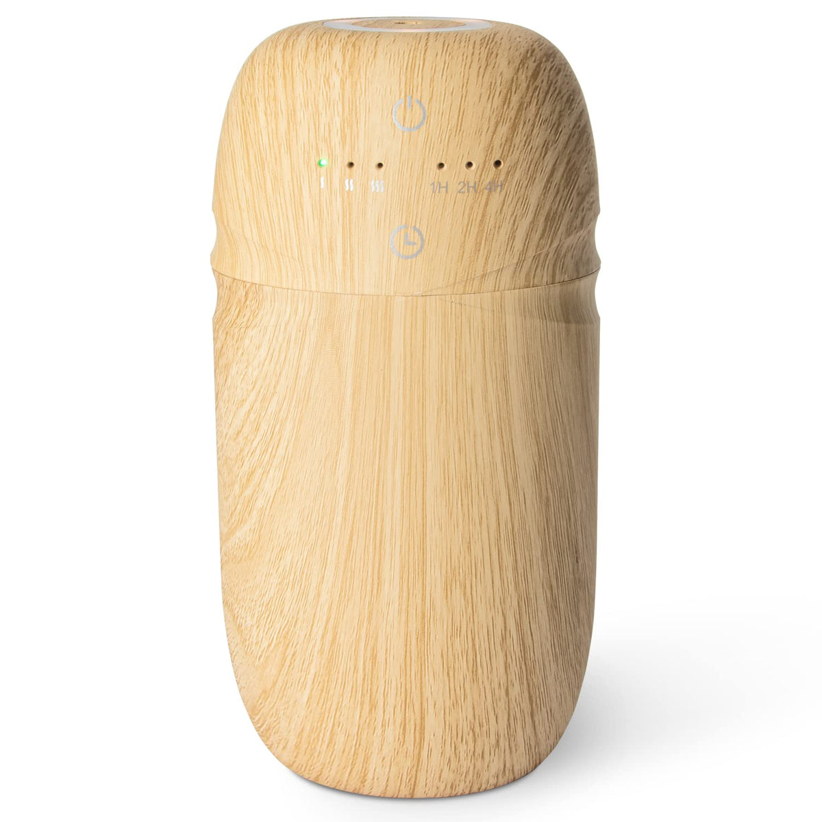 Salubrito waterless diffuser with wood-grain base enhances a warm ambiance.