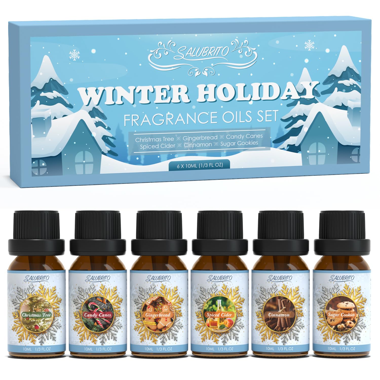 Salubrito winter fragrance oil set Christmas tree scent for cozy diffuser moments.
