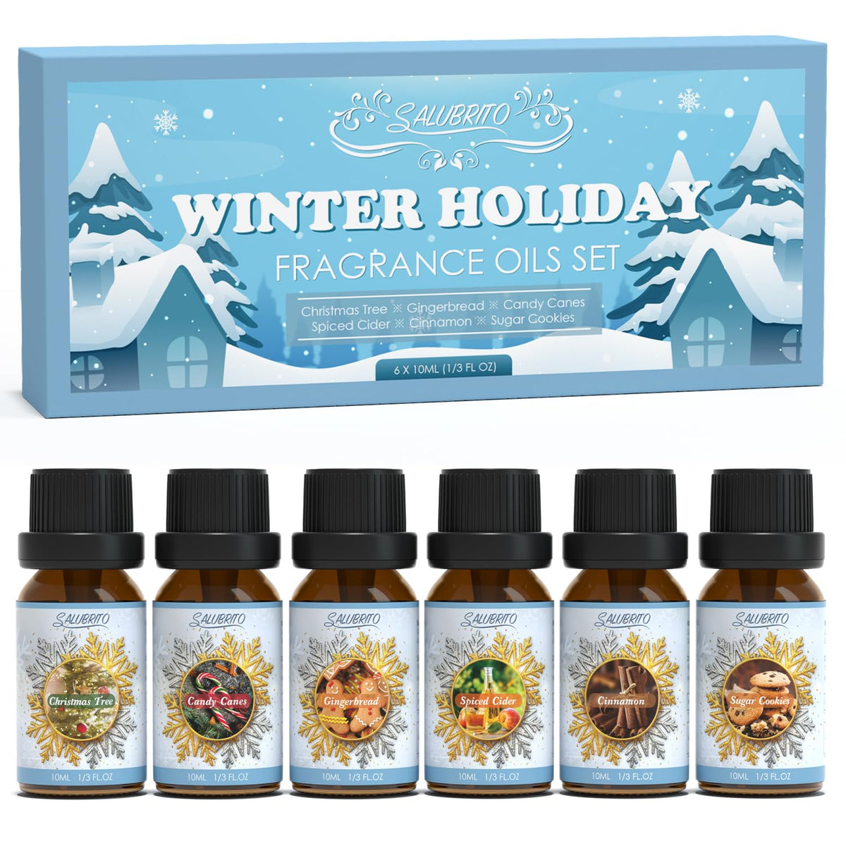 Salubrito winter fragrance oil set Christmas tree scent for cozy diffuser moments.