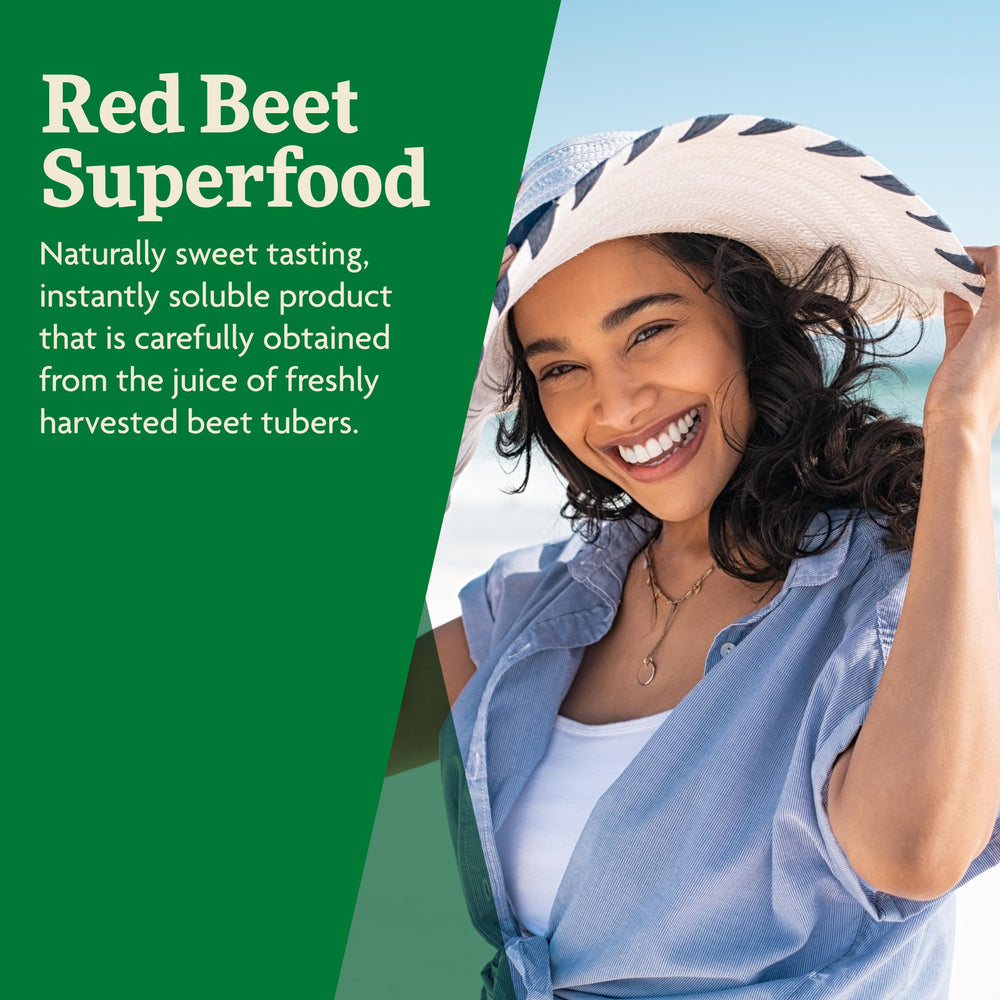 Salus Red Beet Crystals manufactured in Germany highlighting vegan, gluten-free formula