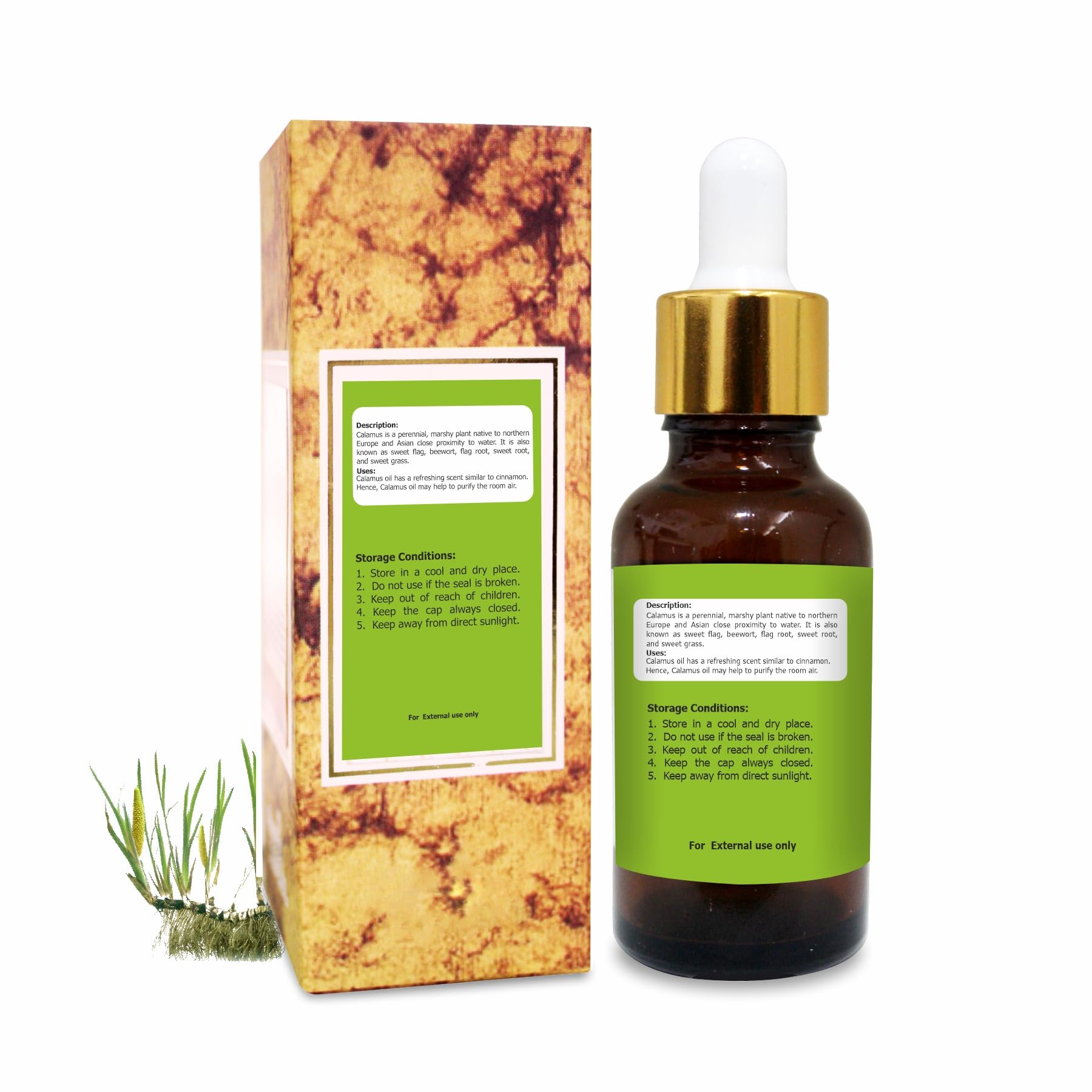 Salvia Calamus Oil steam distilled with dropper highlighting a warm spicy woody aroma.
