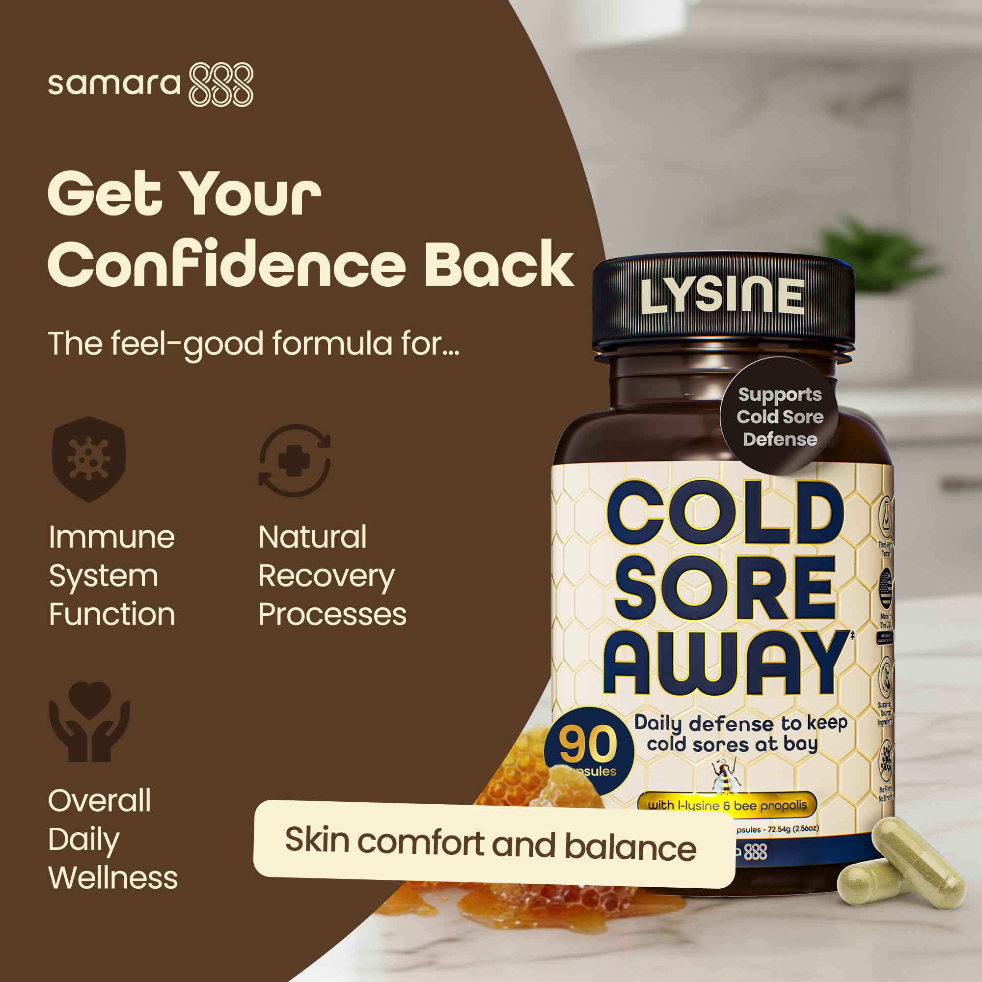 Samara 888 bottle and label display clearly shows a vegan cold sore support option.
