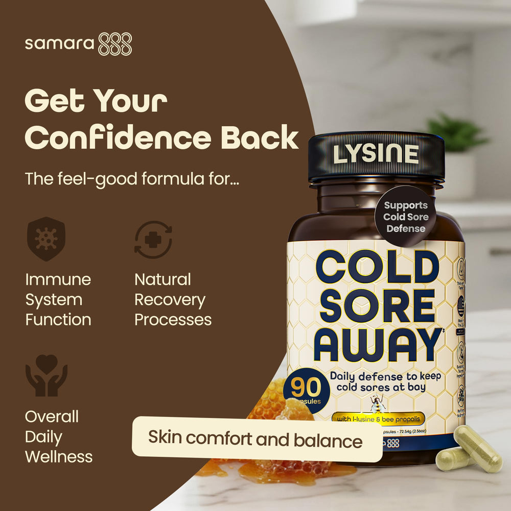 Samara 888 bottle and label display clearly shows a vegan cold sore support option.