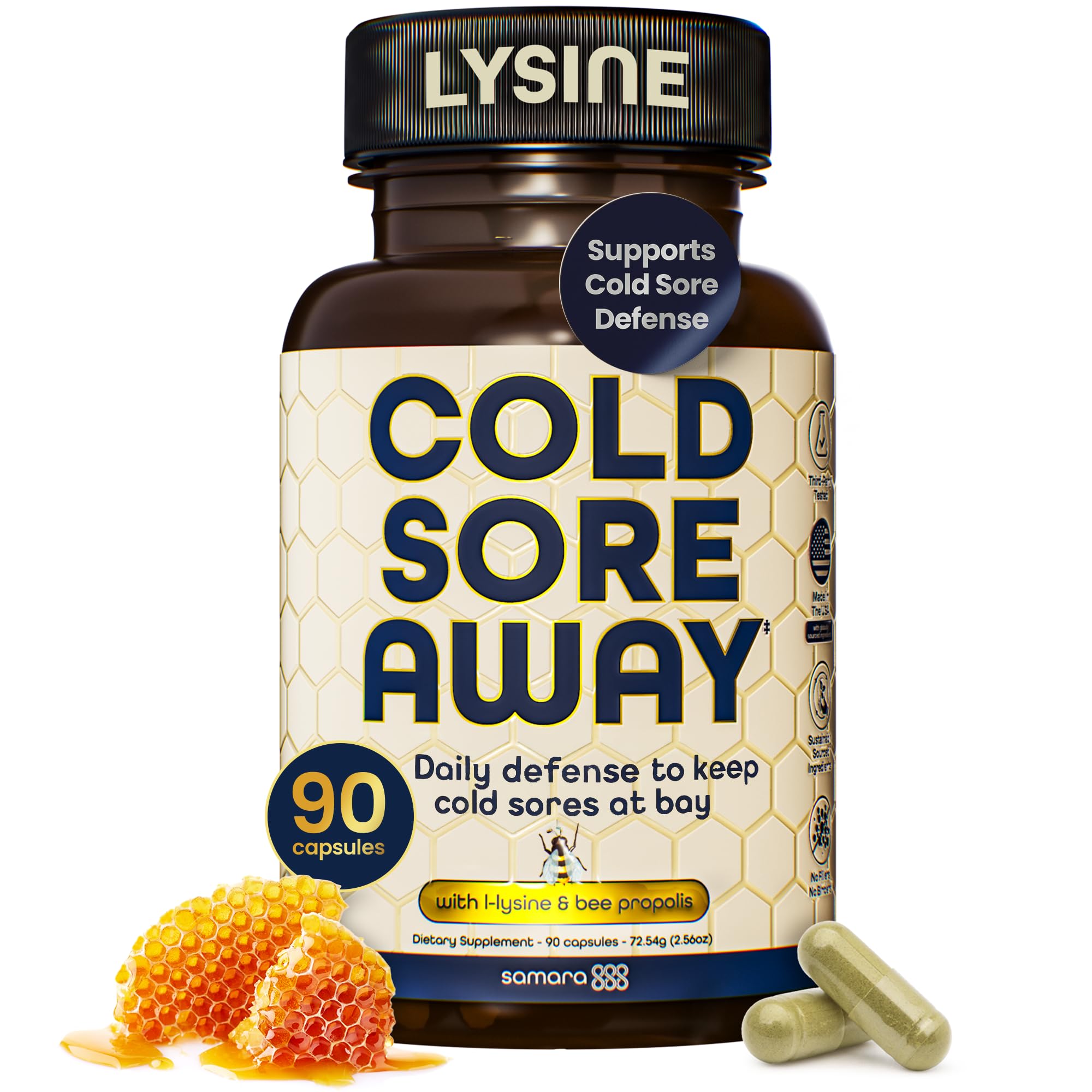 Samara 888 lysine capsules in a bottle promote skin and lip health.