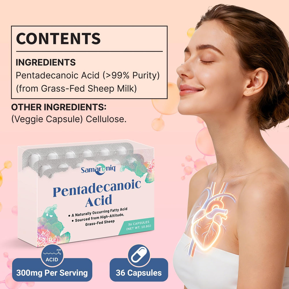 Samareniq capsules close-up showing 300mg C15:0 per capsule for vitality potential.