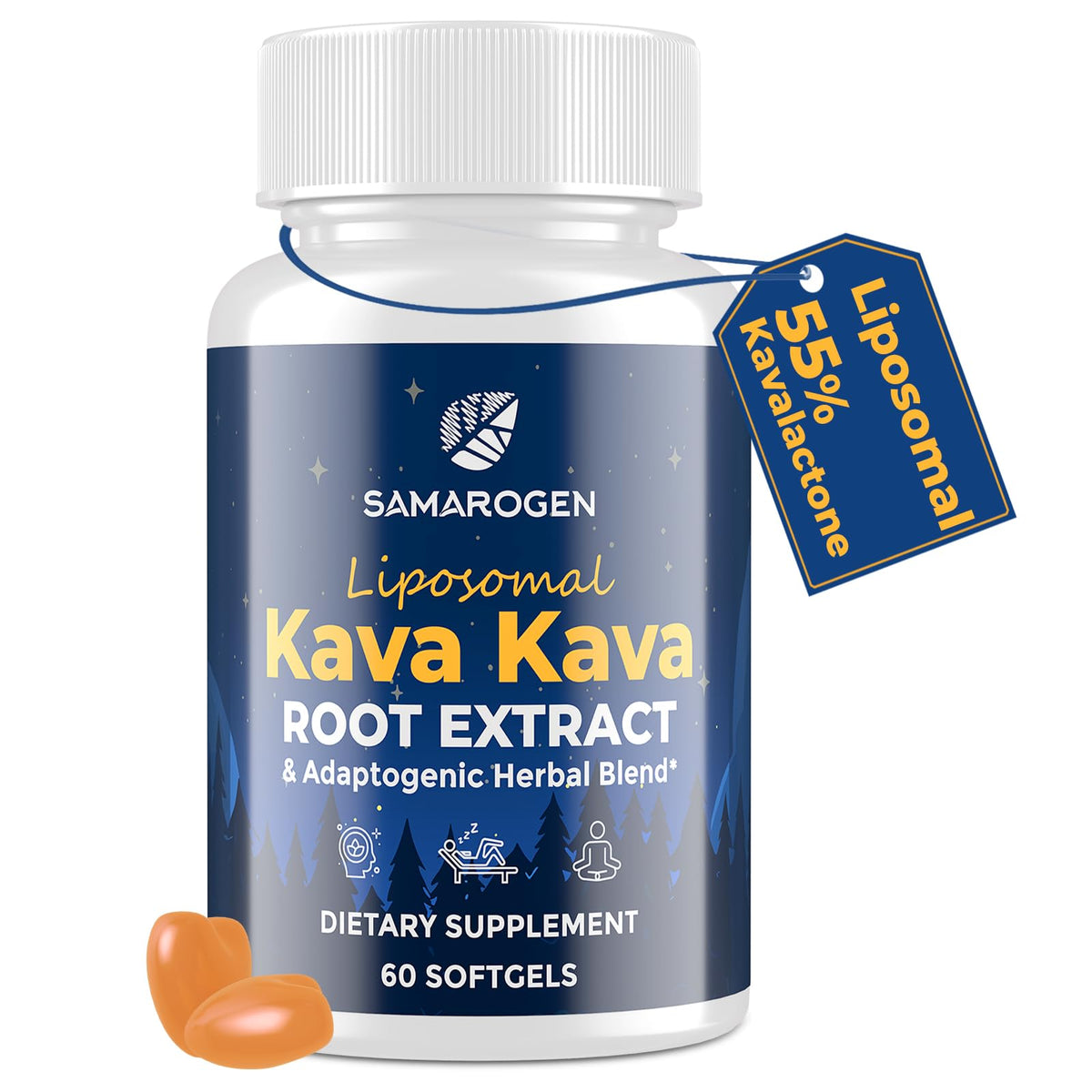 Samarogen Kava Capsules bottle front, premium calm support visual