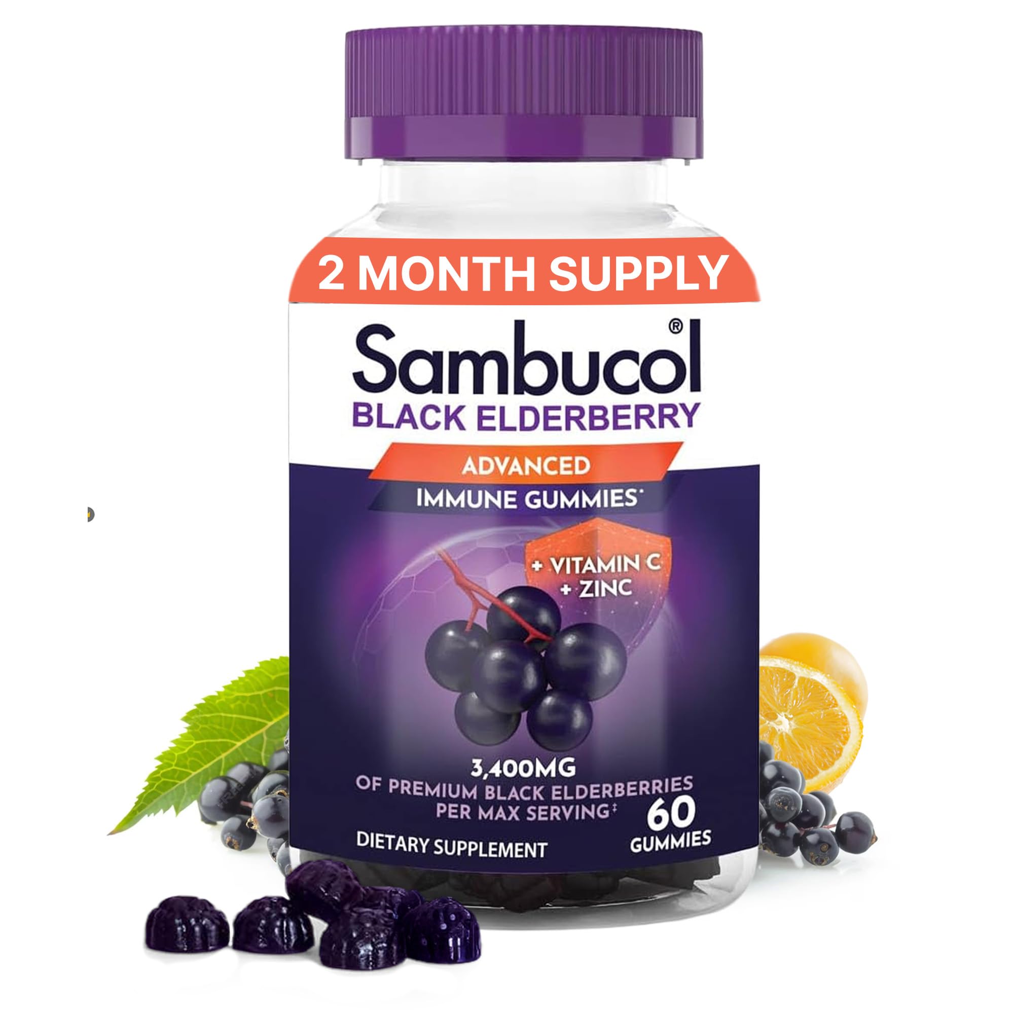 Sambucol Black Elderberry Gummies bottle front showing convenient daily immune support