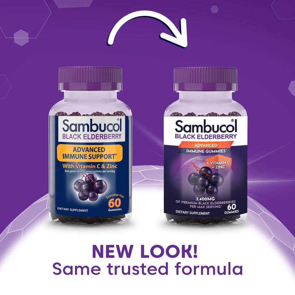 Sambucol Black Elderberry Gummies packaging close-up highlights vitamin C and zinc