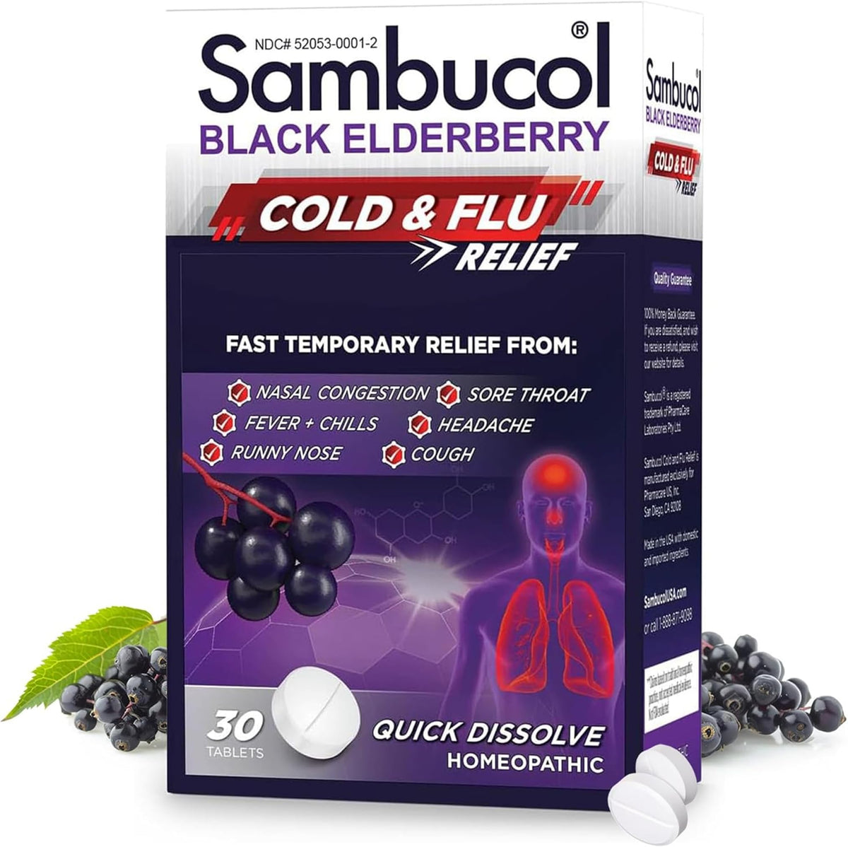 Sambucol cold-relief tablets dissolve on the tongue for quick comfort.