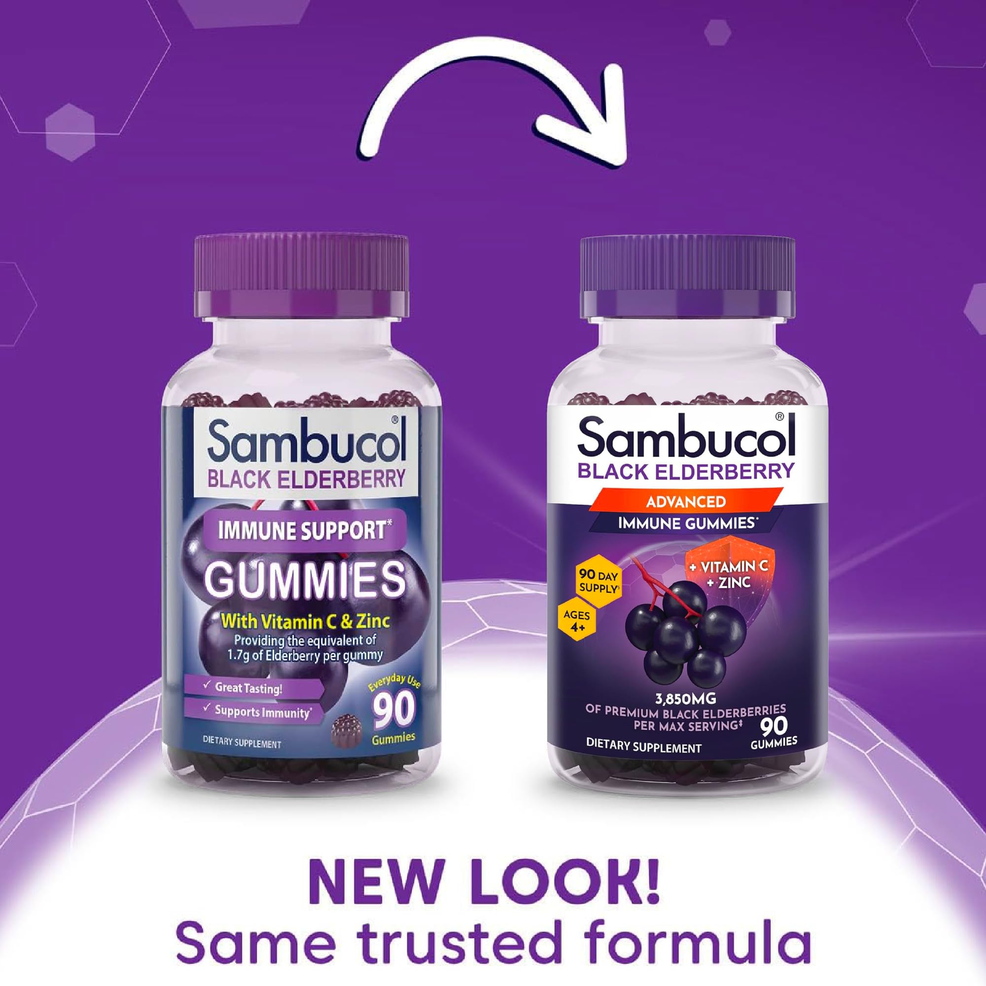 Closeup of Sambucol gummies highlights berry flavor and daily immune support.