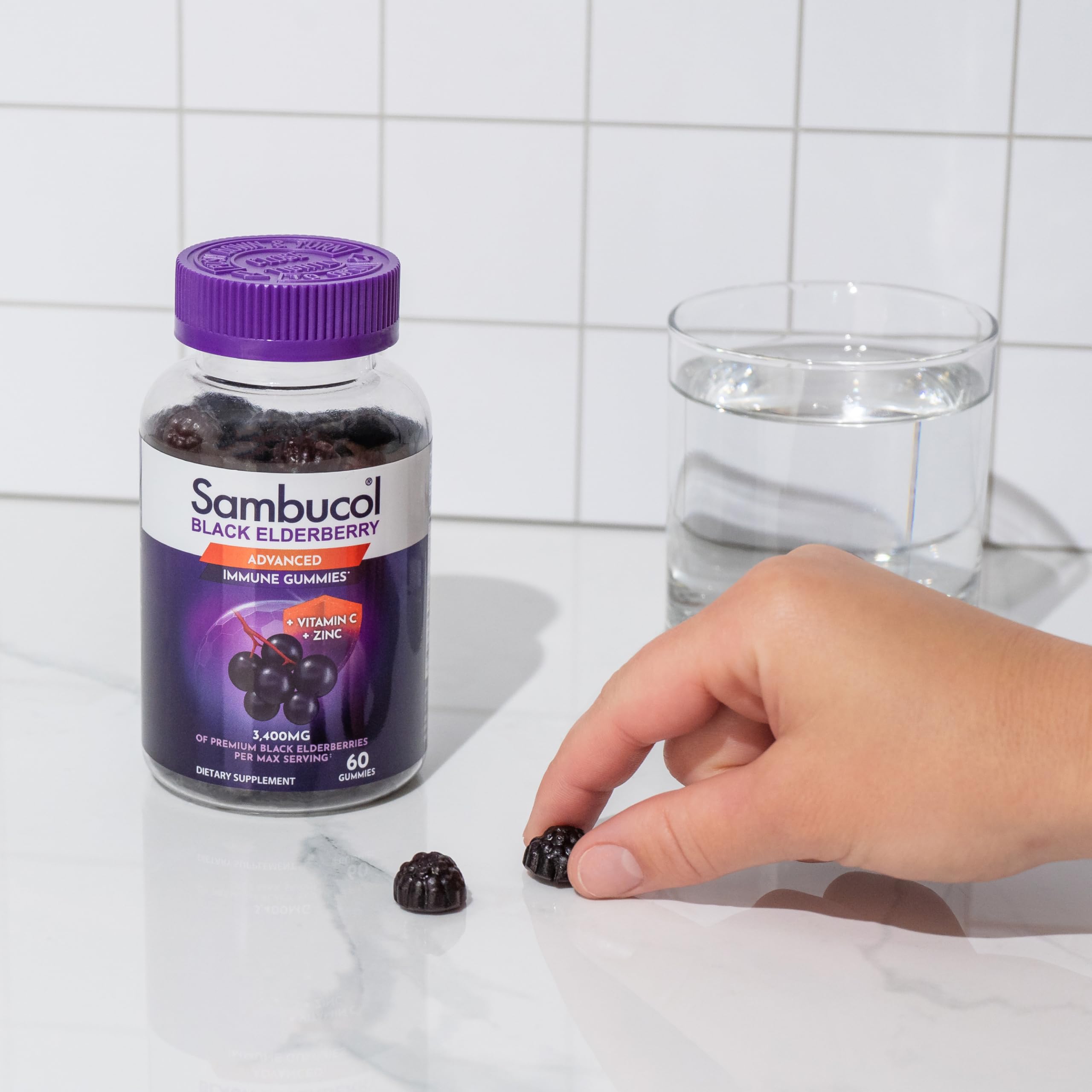 Sambucol elderberry gummies on a clean counter for on-the-go support