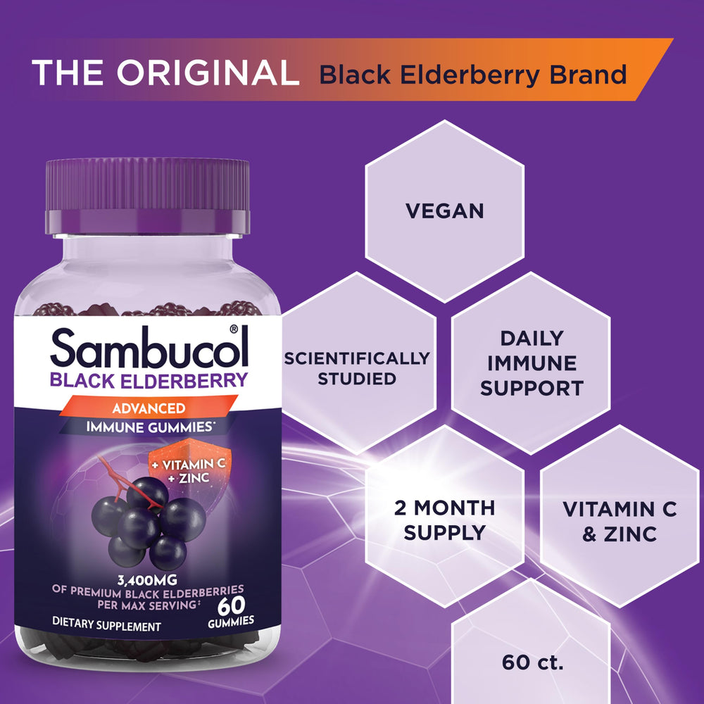 Sambucol gummy texture close-up emphasizes natural flavor appeal