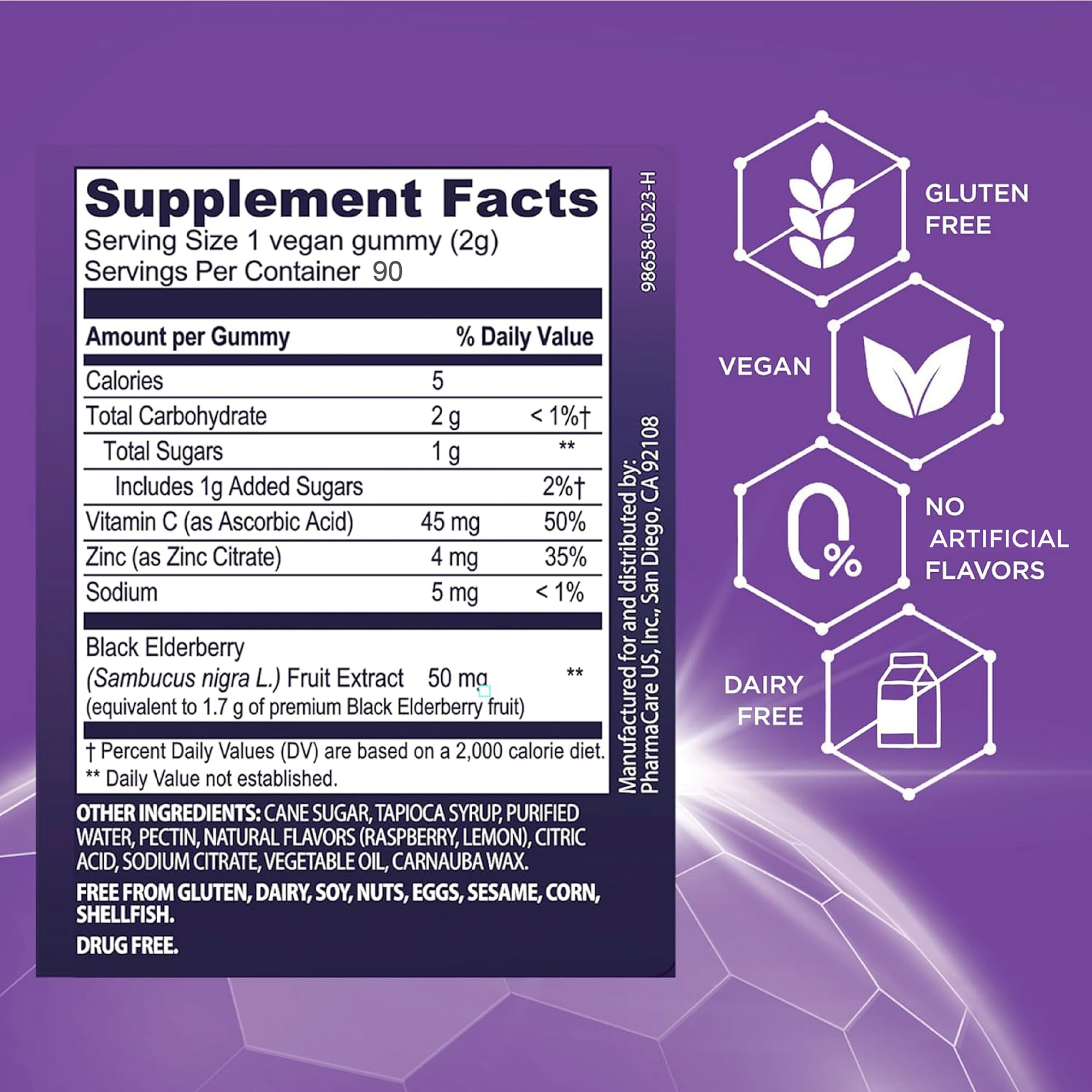 Sambucol Elderberry Gummies icons emphasize vitamin C and zinc benefits.