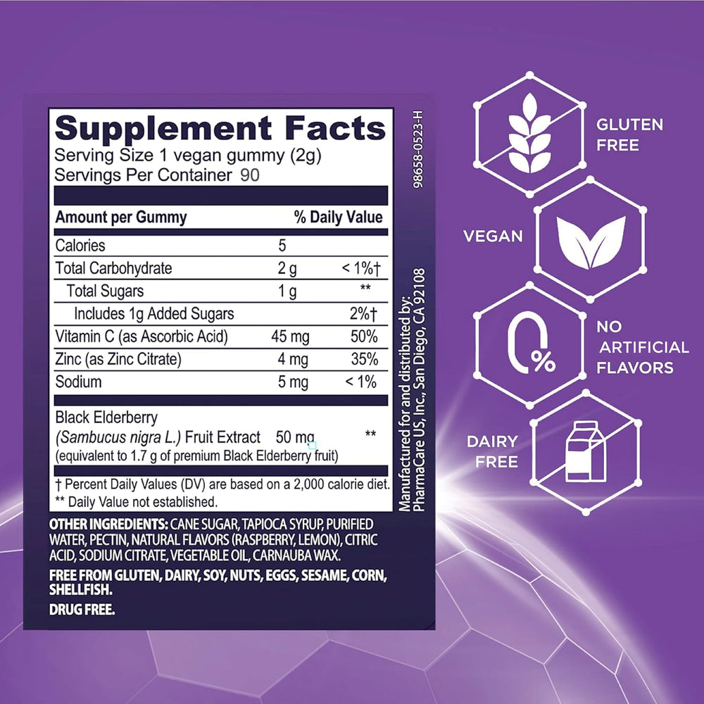Sambucol Elderberry Gummies icons emphasize vitamin C and zinc benefits.