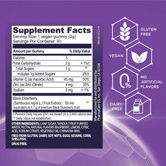 Sambucol Elderberry Gummies icons emphasize vitamin C and zinc benefits.
