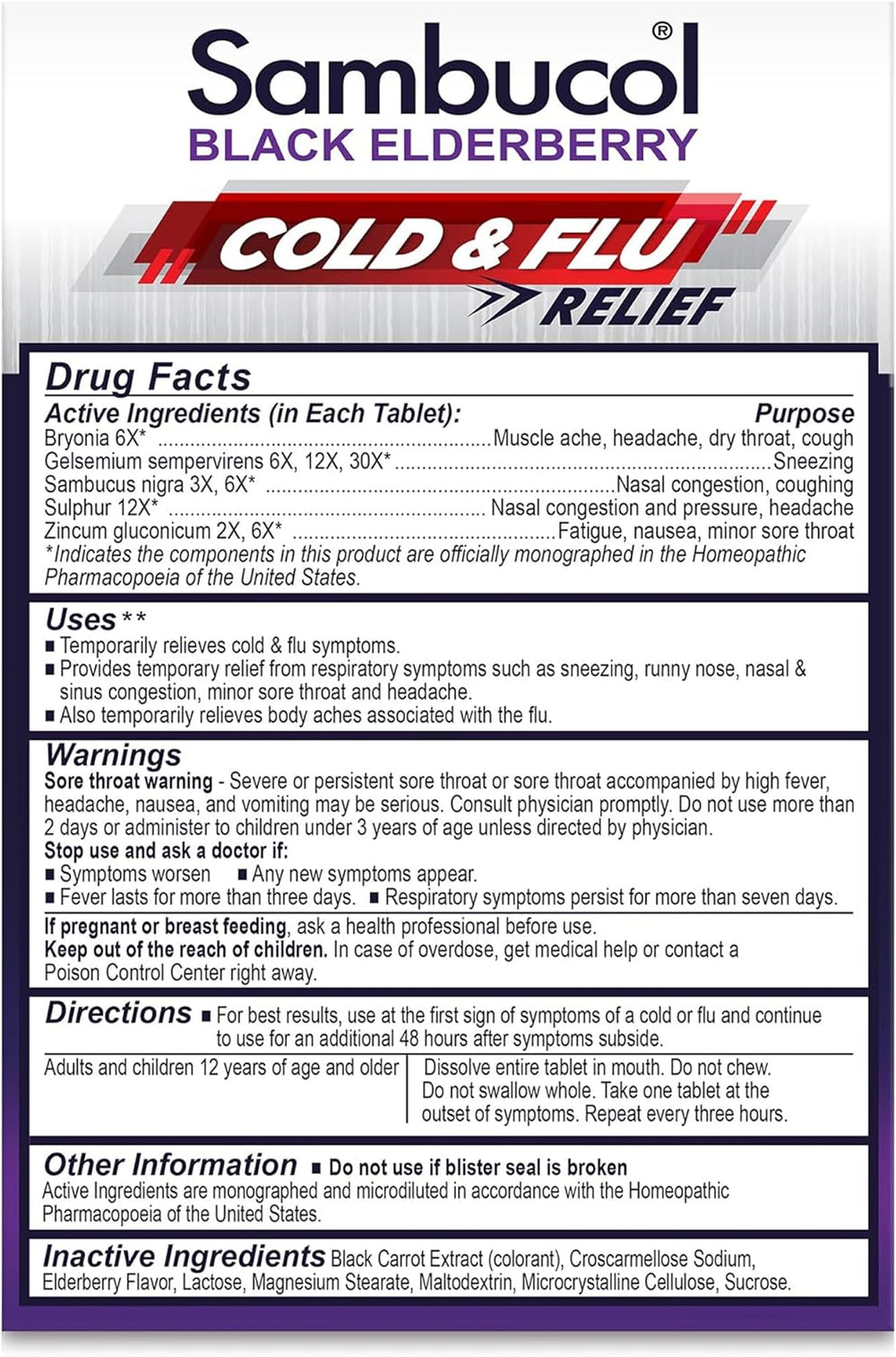 Sambucol elderberry ingredients highlight natural botanicals for cold symptom comfort.