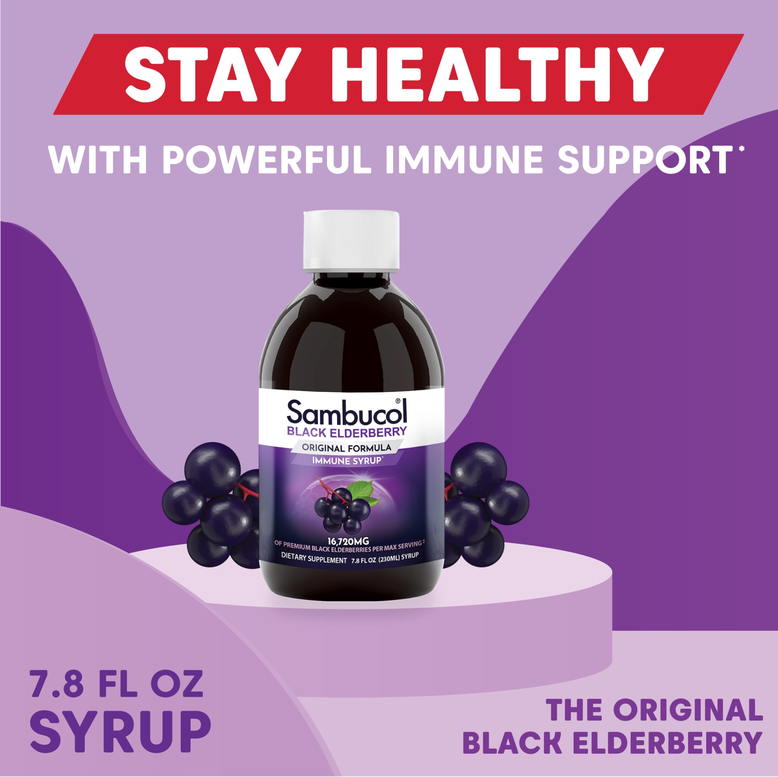 Gluten-free label on Sambucol bottle communicates allergen-friendly formula.
