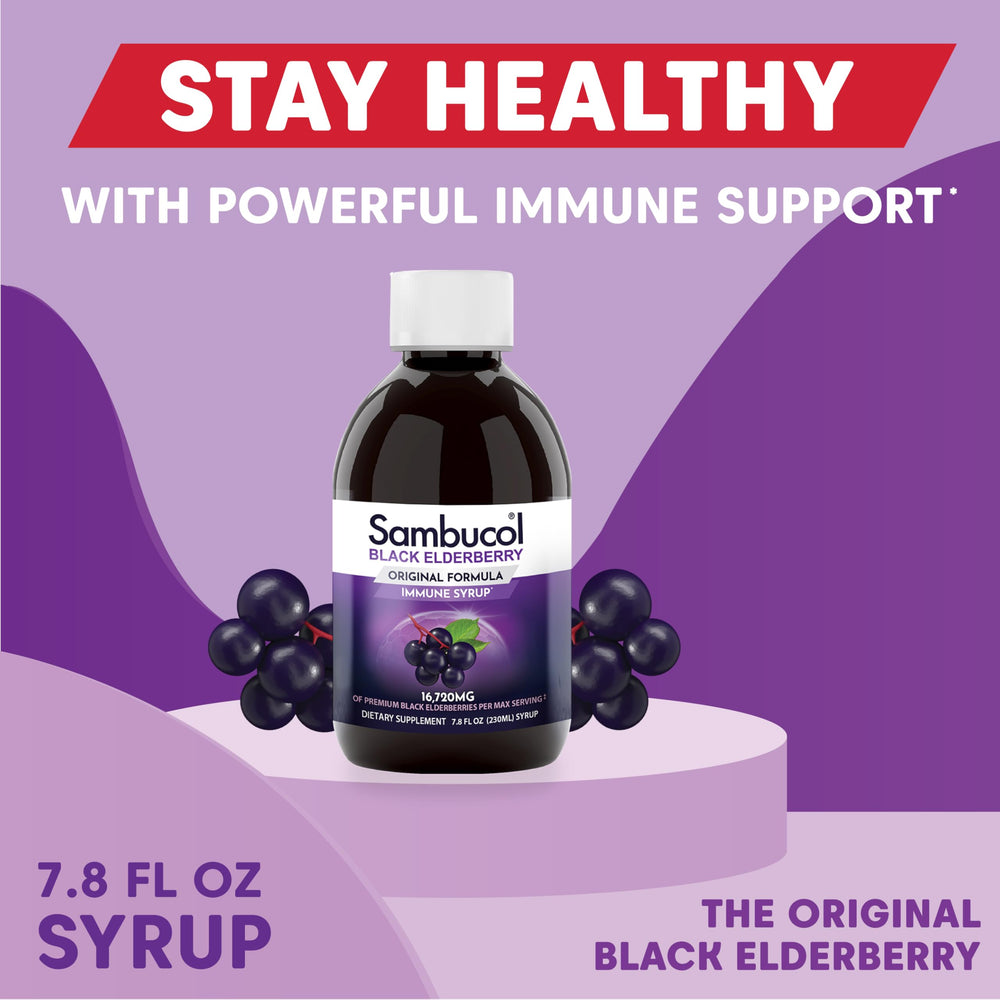 Gluten-free label on Sambucol bottle communicates allergen-friendly formula.