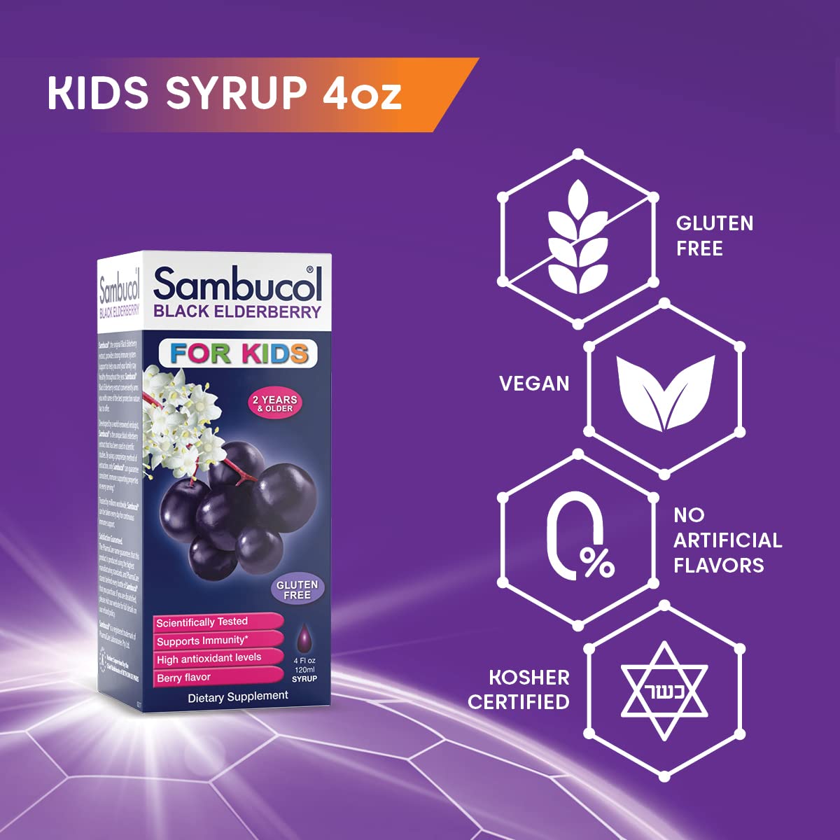 Close-up of berry-flavored Sambucol syrup appealing to kids.