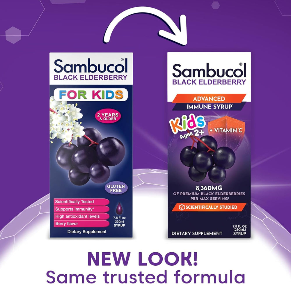 Sambucol Kids elderberry syrup berry-flavored bottle for children