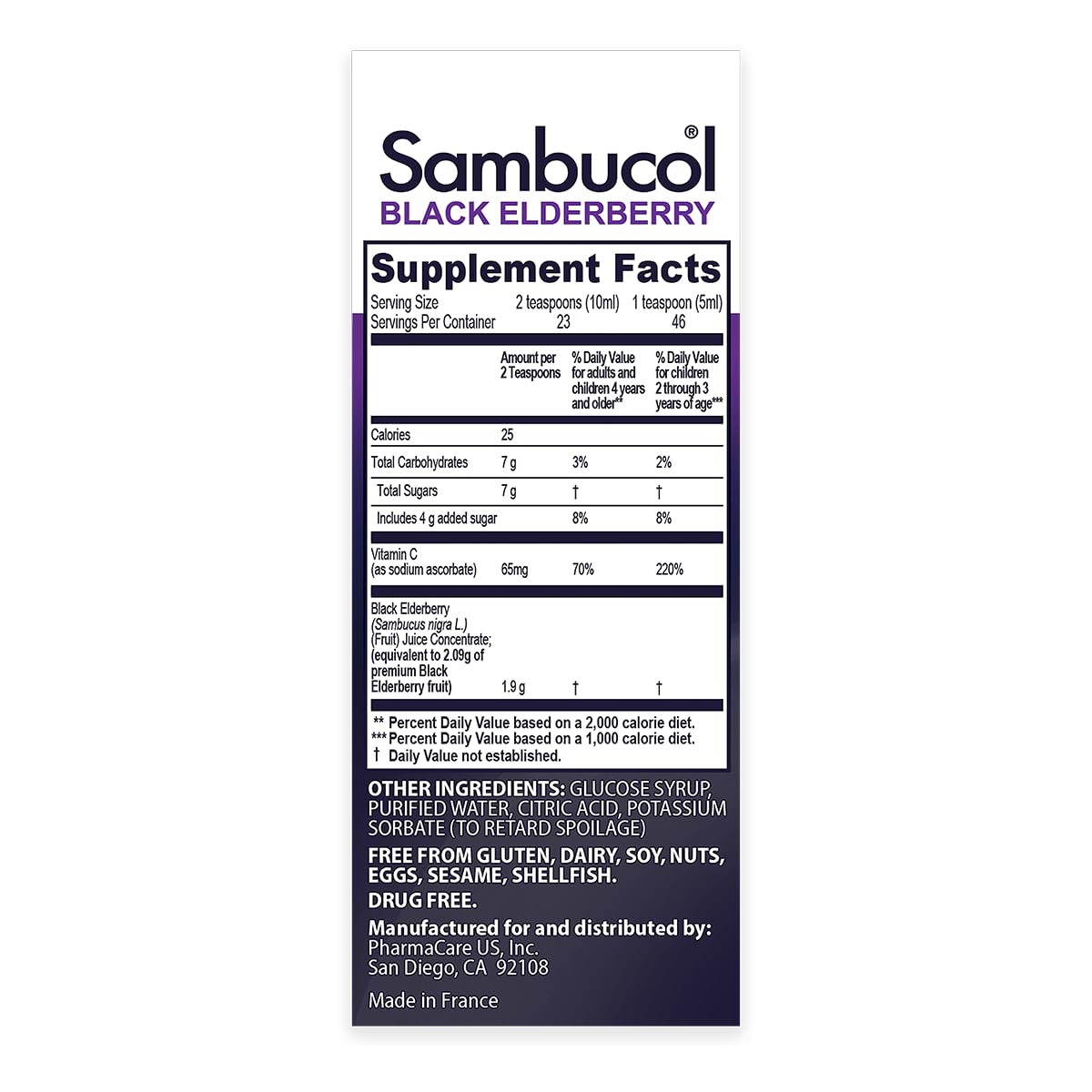 Sambucol Kids Elderberry Syrup bottle side label shows gluten-free and dairy-free attributes.