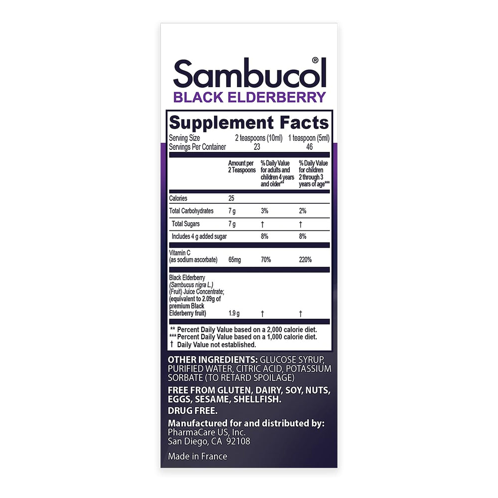 Sambucol Kids Elderberry Syrup bottle side label shows gluten-free and dairy-free attributes.