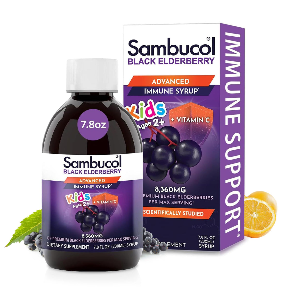 Sambucol Kids Elderberry Syrup bottle shows convenient daily immune support for families.