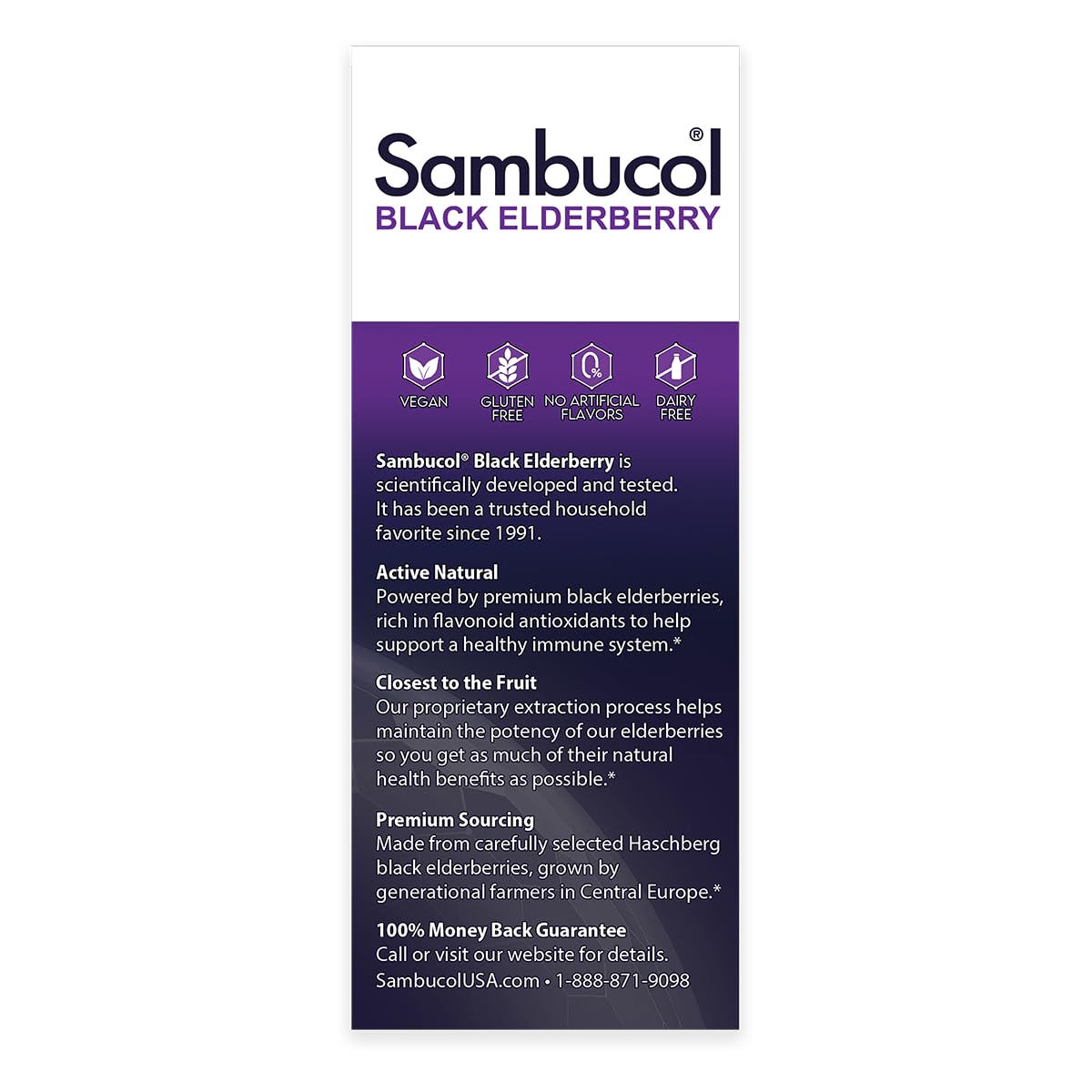 Sambucol branding emphasizes decades of elderberry expertise.