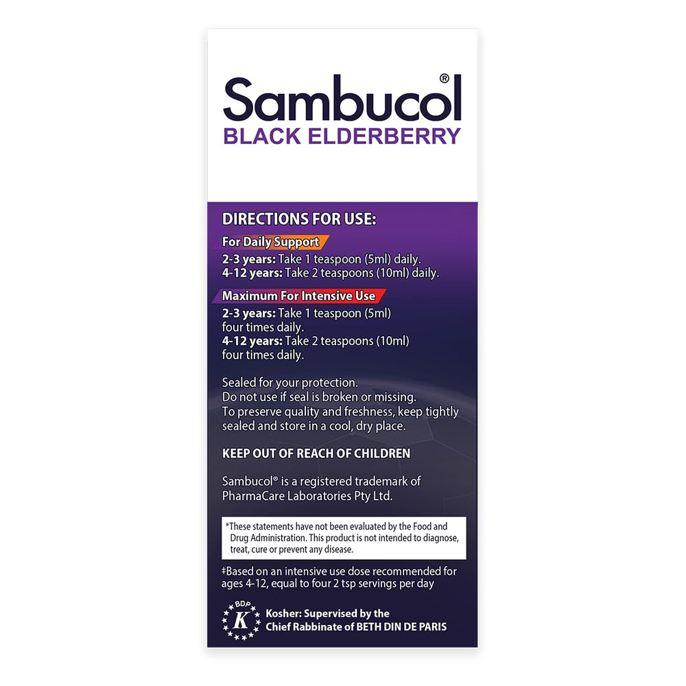Sambucol syrup made with premium Haschberg elderberries grown in Europe.