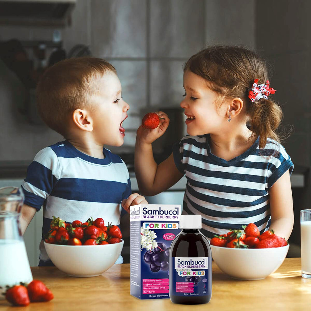 Ingredients list of Sambucol Kids Elderberry Syrup emphasizes dairy-free and gluten-free formula.