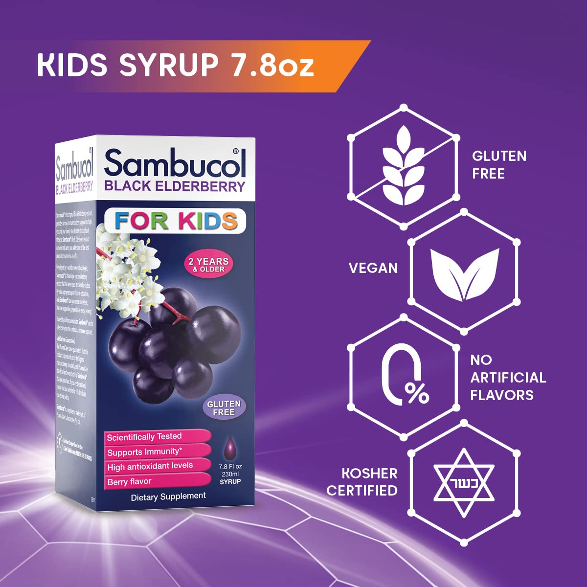 Label detail on Sambucol Kids Elderberry Syrup highlighting elderberry source and vitamin C.