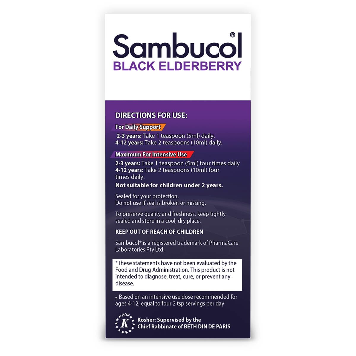 Sambucol Kids Elderberry Syrup packaging on a store shelf indicating a trusted option.