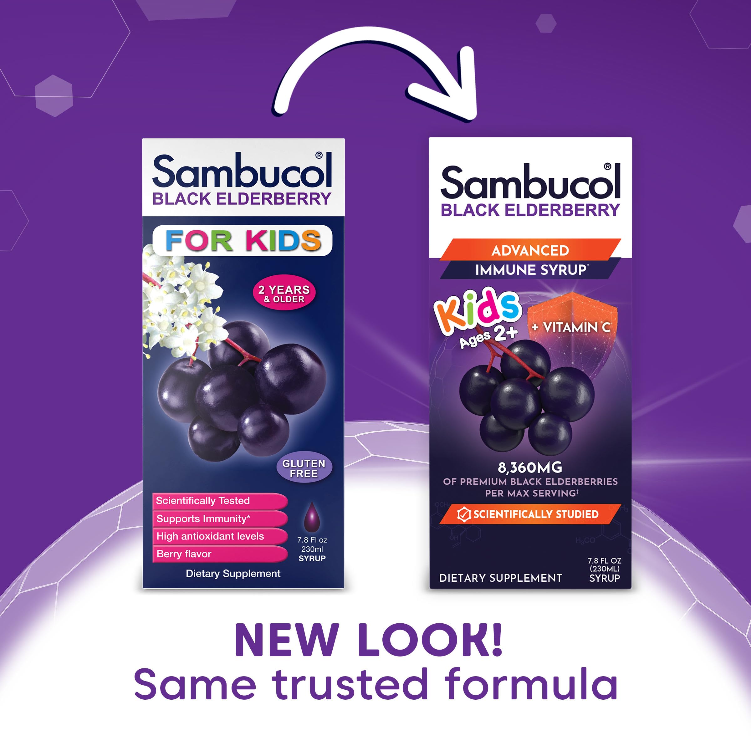 Close-up of Sambucol Kids Elderberry Syrup pouring for easy dosing.