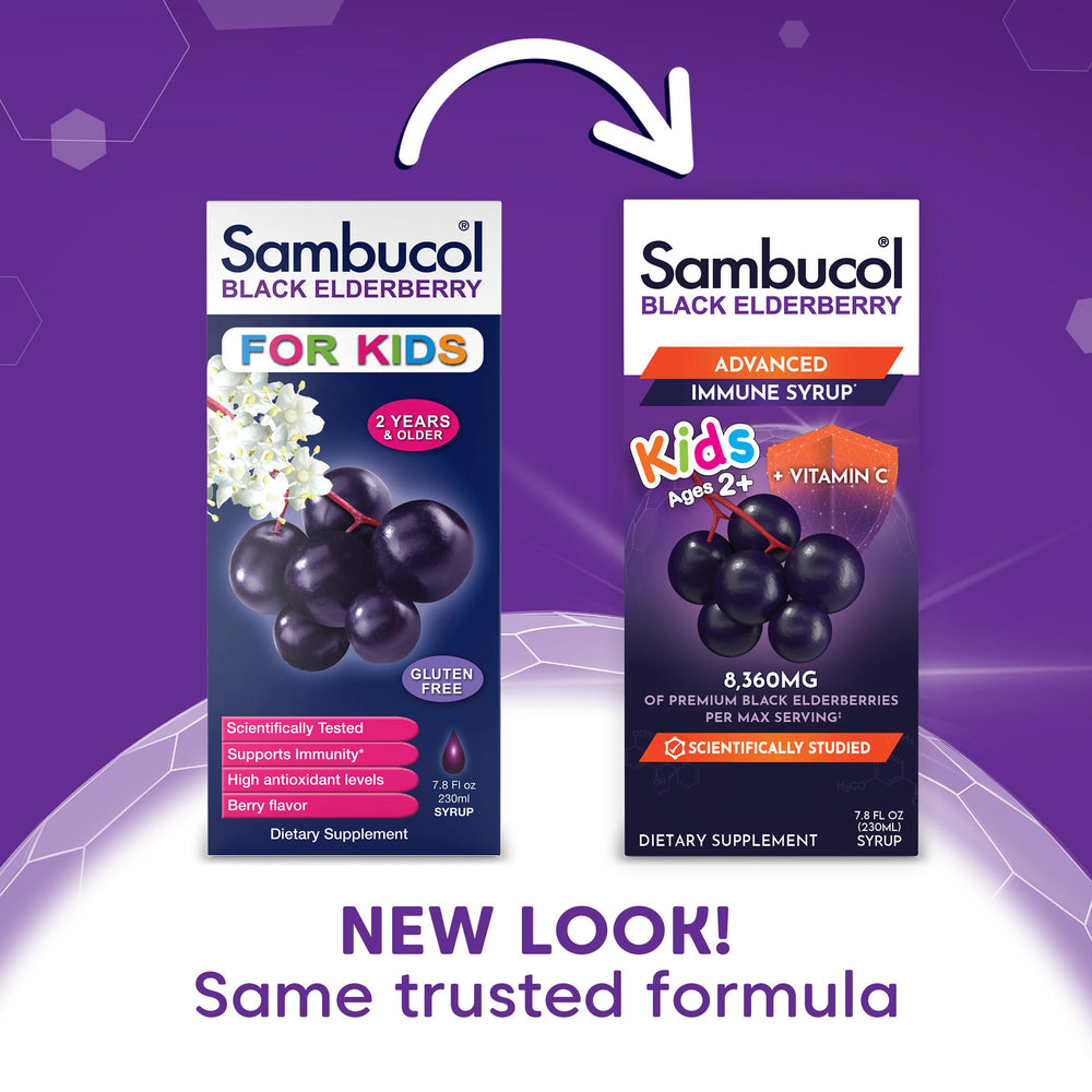Close-up of Sambucol Kids Elderberry Syrup pouring for easy dosing.