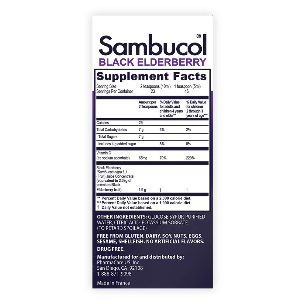 Serving image of Sambucol Kids Elderberry Syrup conveys a family-friendly wellness routine.
