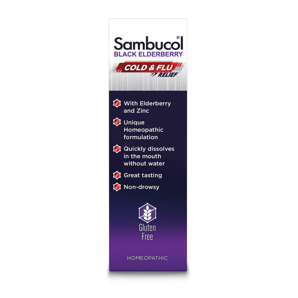 Sambucol tablets shown in blister packaging for quick-release use.