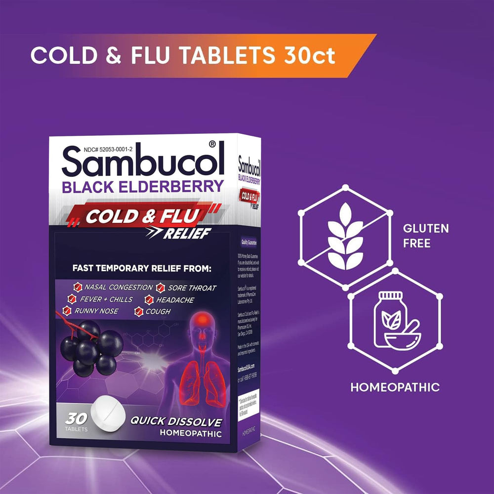 Front pack shot of Sambucol tablets for on-the-go relief.