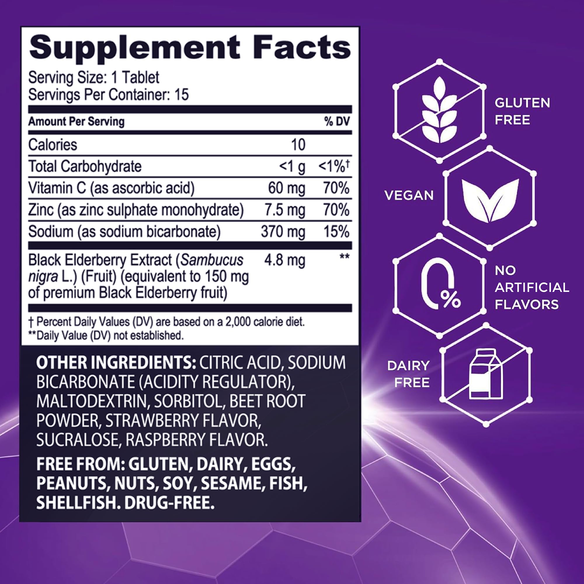 Sambucol Vitamin C and Zinc tablet components shown for daily support