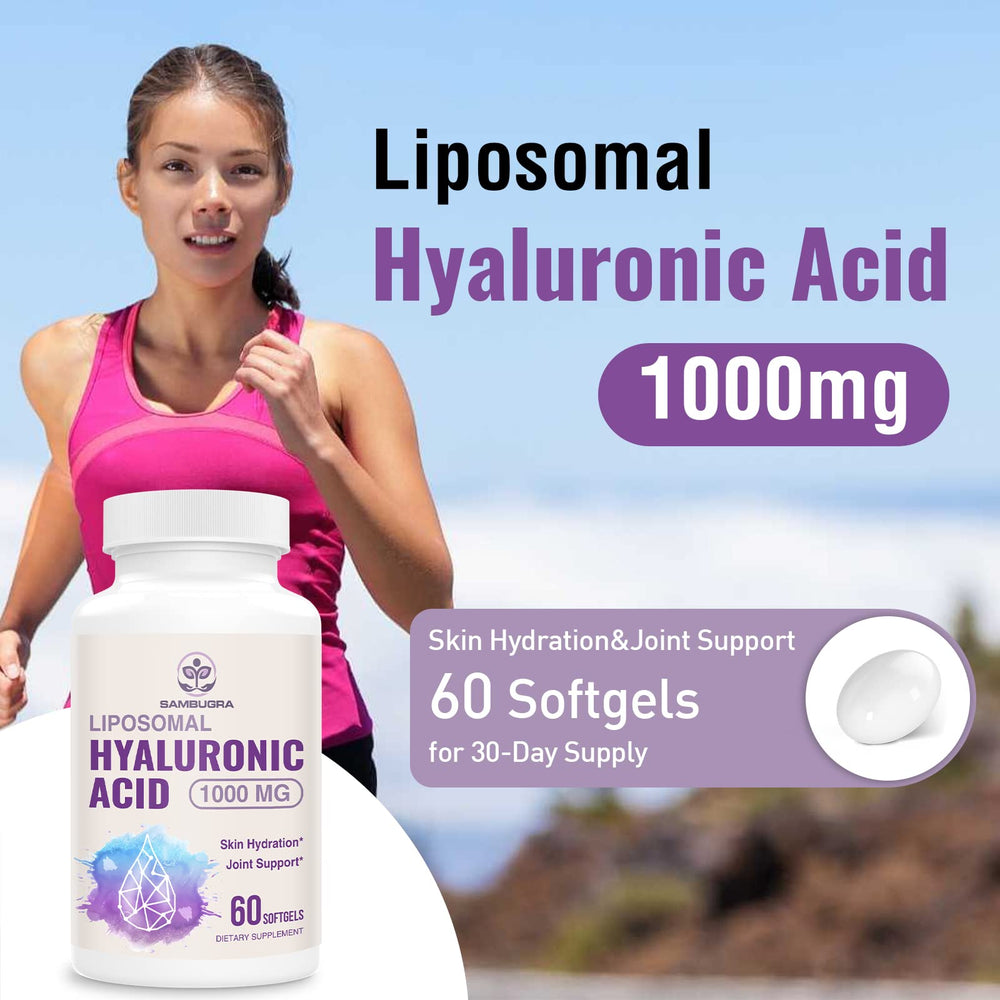 Sambugra liposomal hyaluronic acid capsules arranged for easy swallowing and use.
