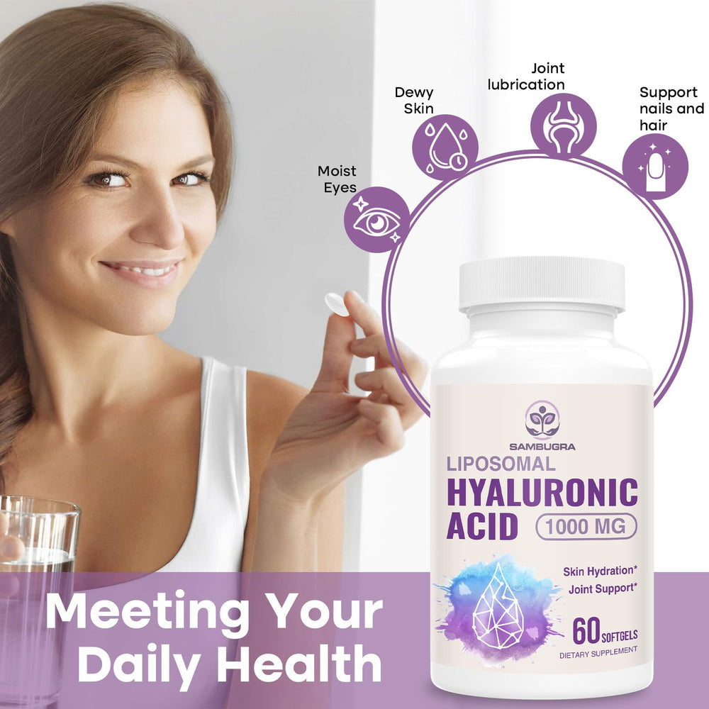 Sambugra hyaluronic acid label highlights 1000 mg per serving and product details.