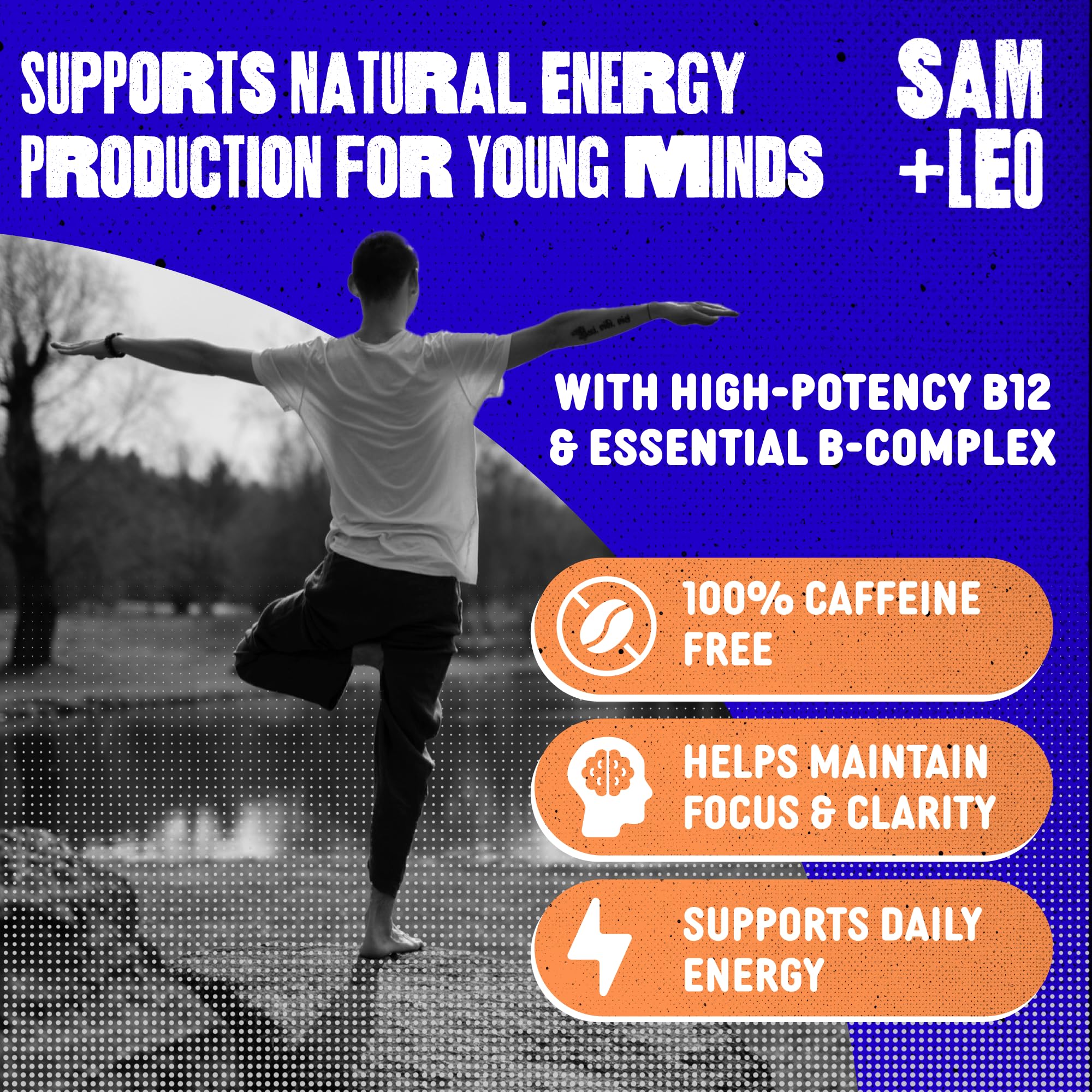 SAM+LEO Energy Gummies bottle shot highlighting vegan daily energy support.