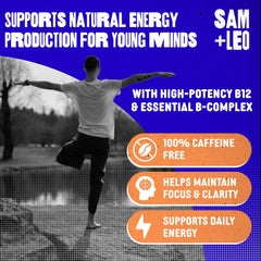 SAM+LEO Energy Gummies bottle shot highlighting vegan daily energy support.