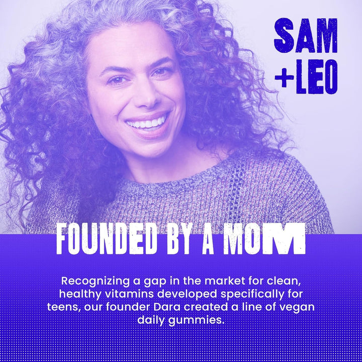 Family-friendly SAM+LEO Energy Gummies on a kitchen shelf.