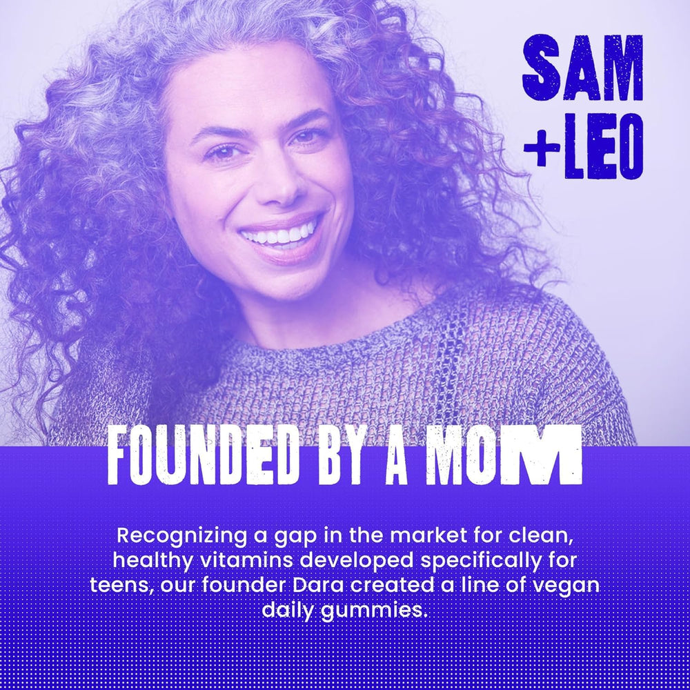 Family-friendly SAM+LEO Energy Gummies on a kitchen shelf.