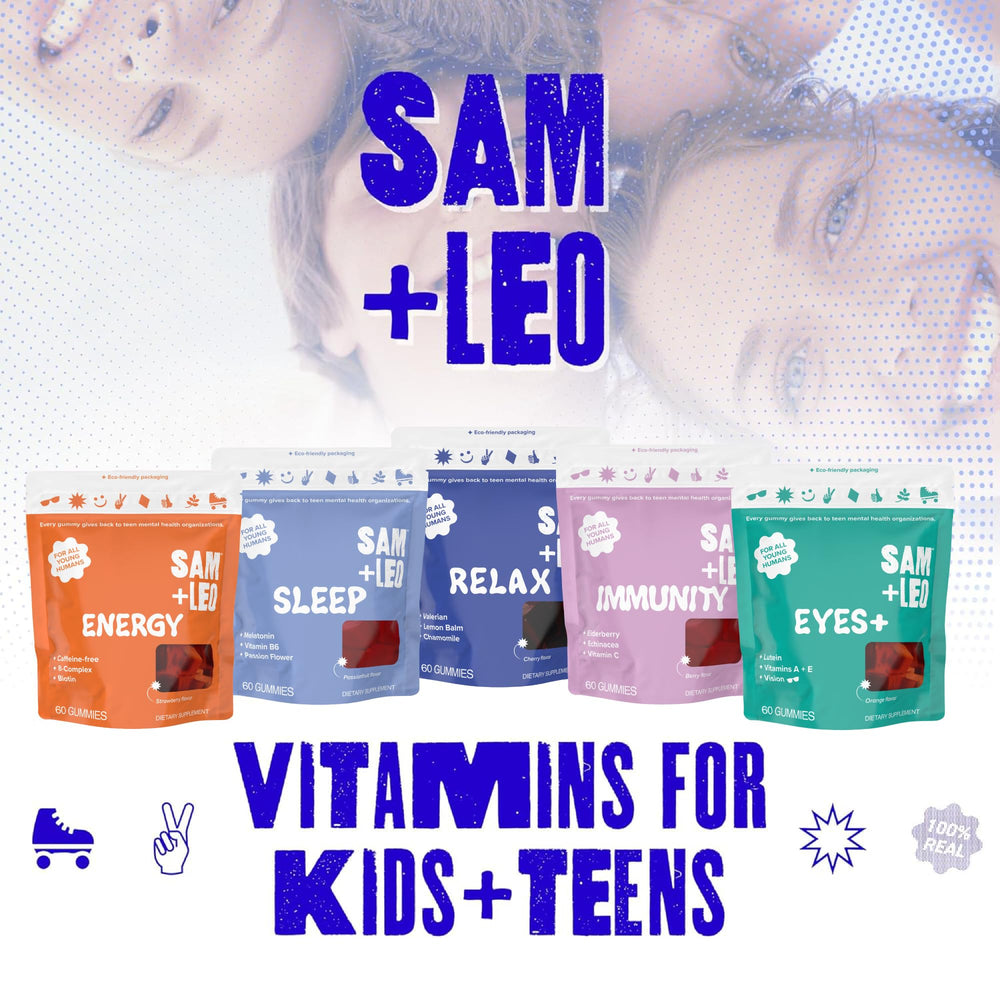 Kids studying at a desk with SAM+LEO Energy Gummies nearby.