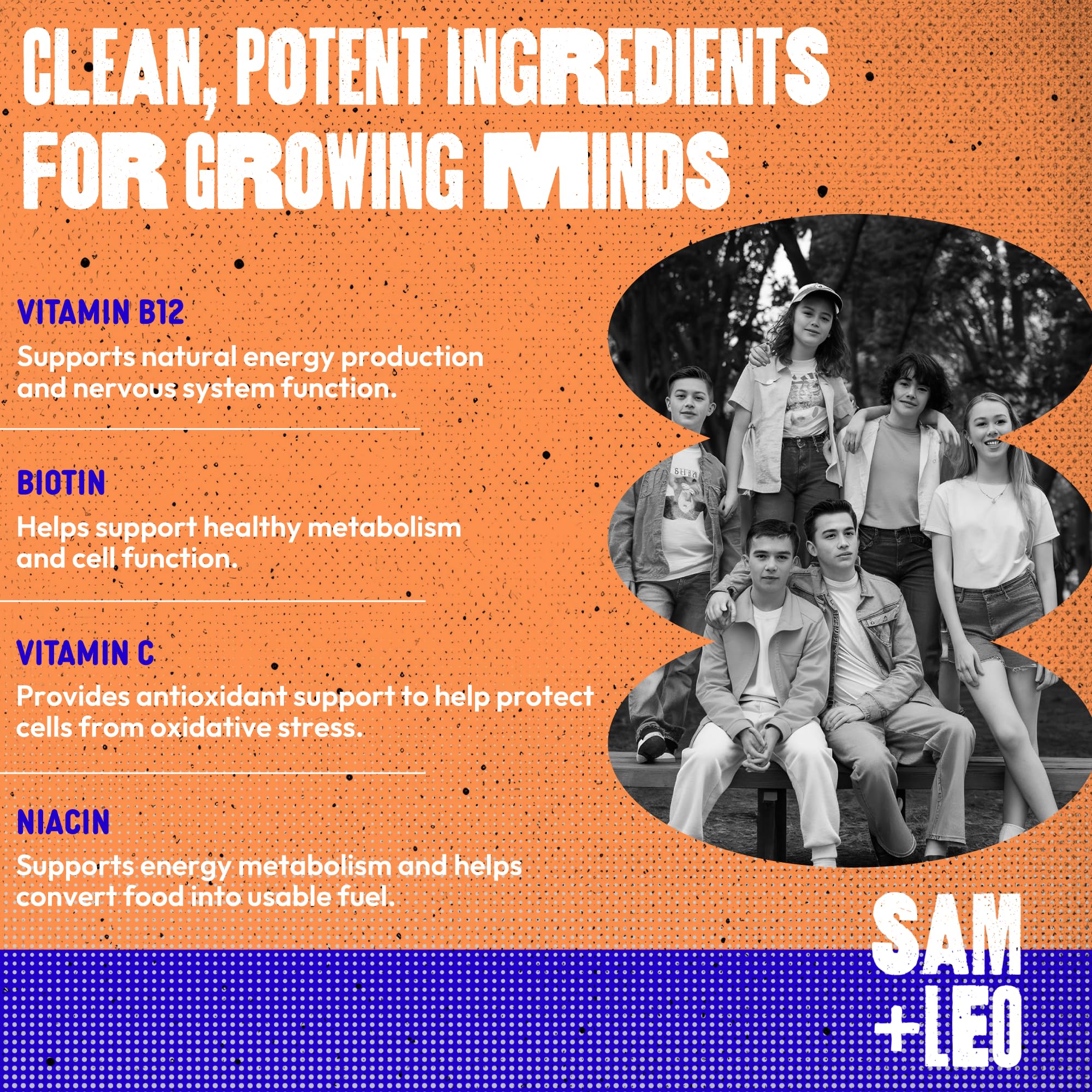 Nutrition facts label on SAM+LEO Energy Gummies highlights complete B vitamin complex.