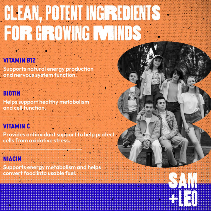 Nutrition facts label on SAM+LEO Energy Gummies highlights complete B vitamin complex.