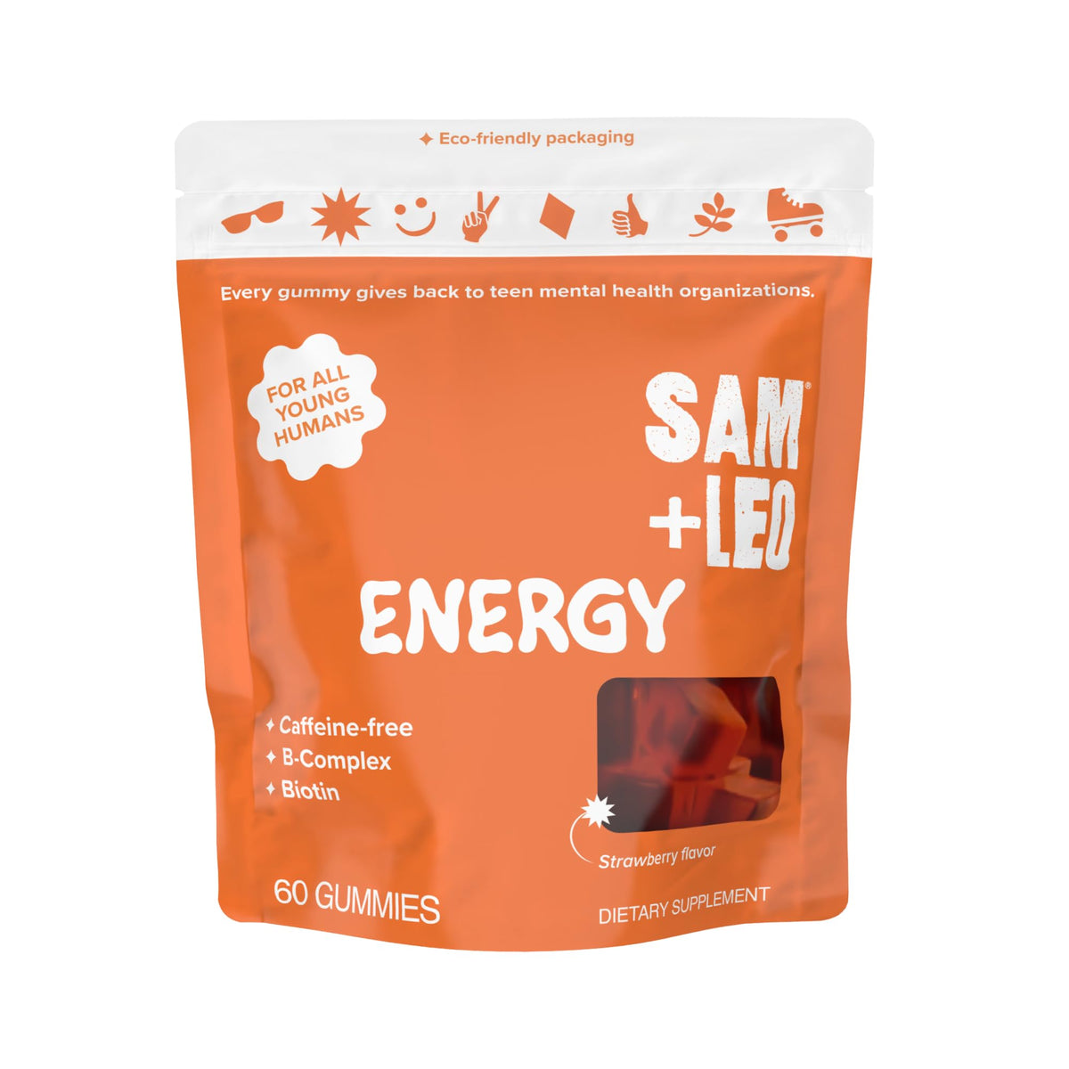 SAM+LEO Energy Gummies packaging front showing caffeine-free strawberry energy.