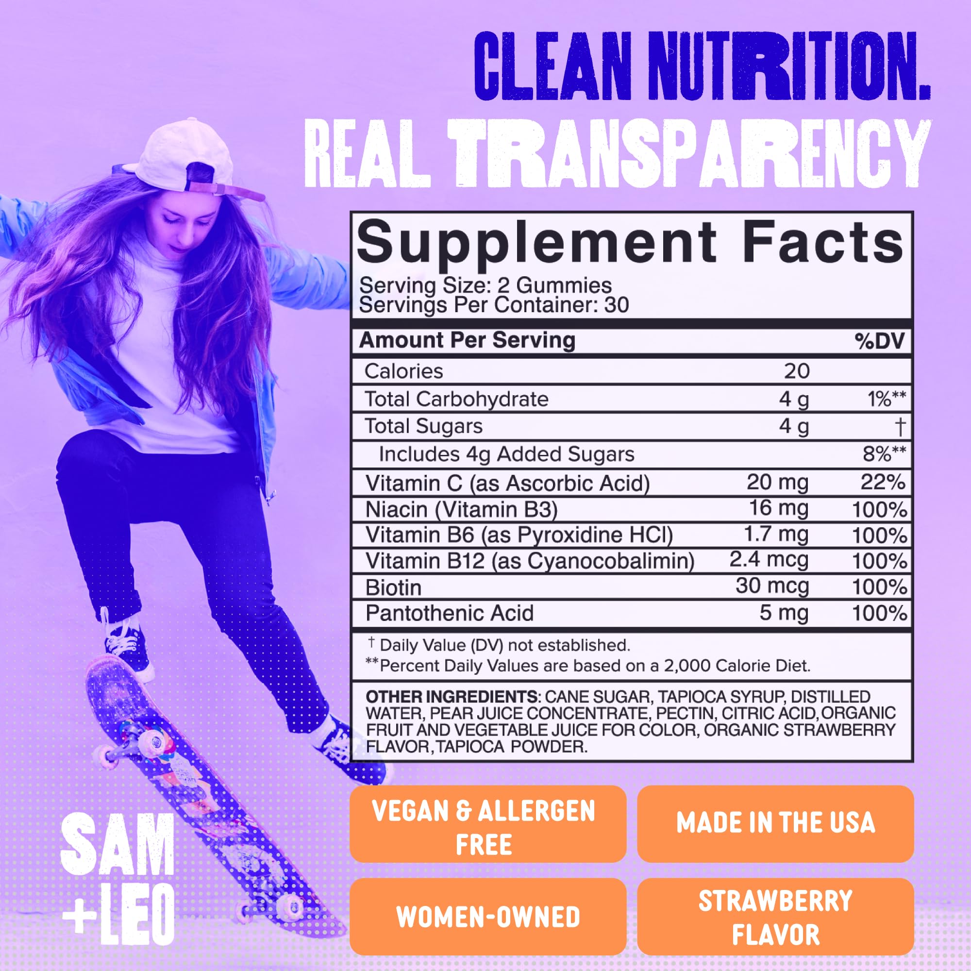Vegan ingredients label on SAM+LEO gummies signaling clean energy.