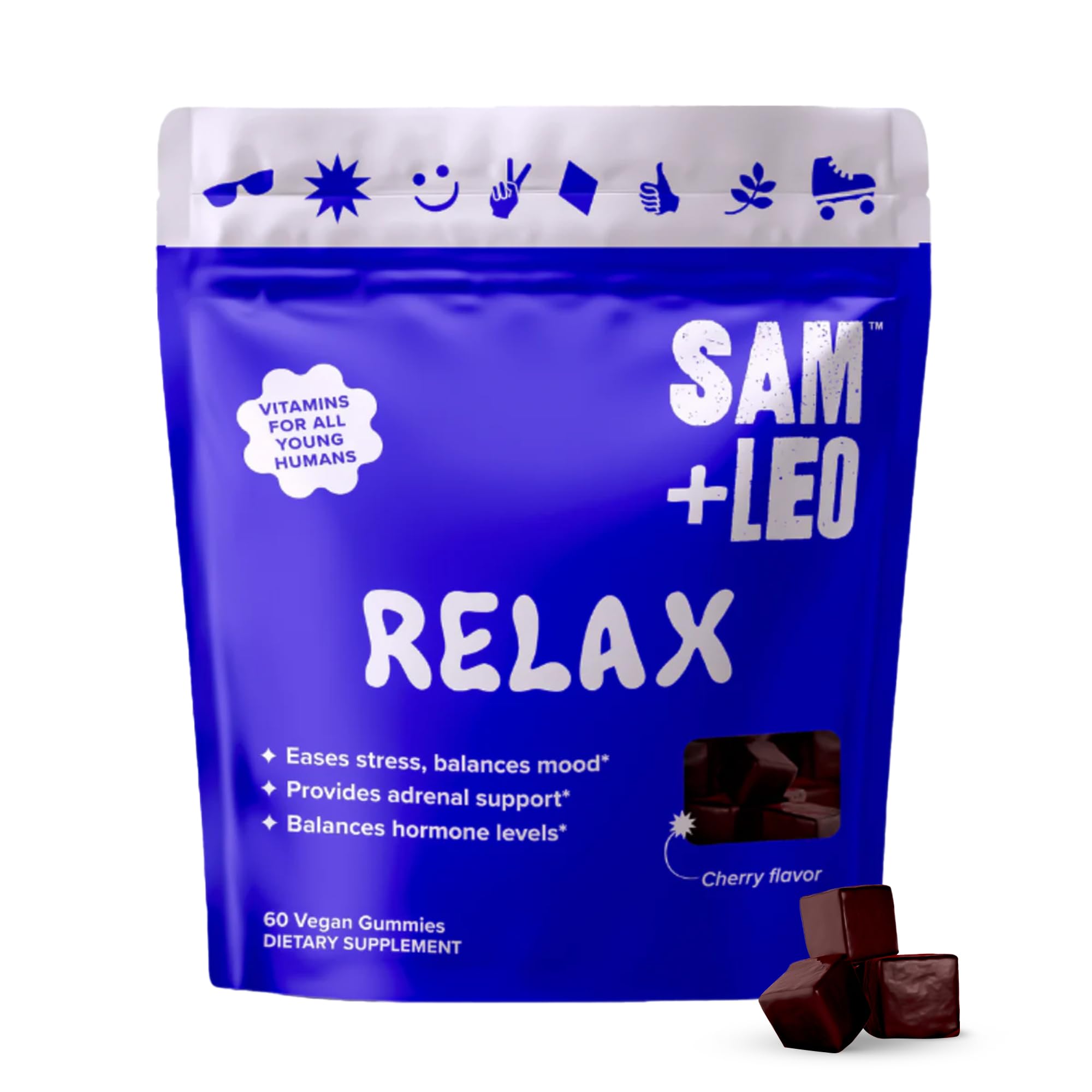 SAM+LEO Relax gummies bottle front highlighting cherry flavor for calm after school.